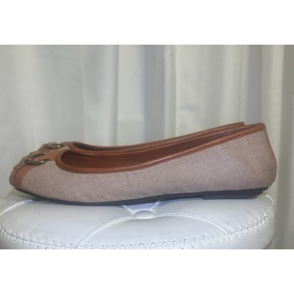 Lauren Ralph Lauren Ballet Flats Tan Canvas Leather Buckle Women's Size 9B - Picture 3 of 12